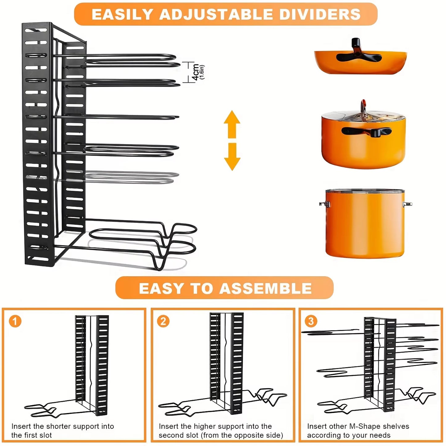 8-Tier Duty Pot Rack Organizer Durable Metal,Space-Saving Cabinet Holder for Pots,Pans and Lids-Keep Your Kitchen Neat and Tidy