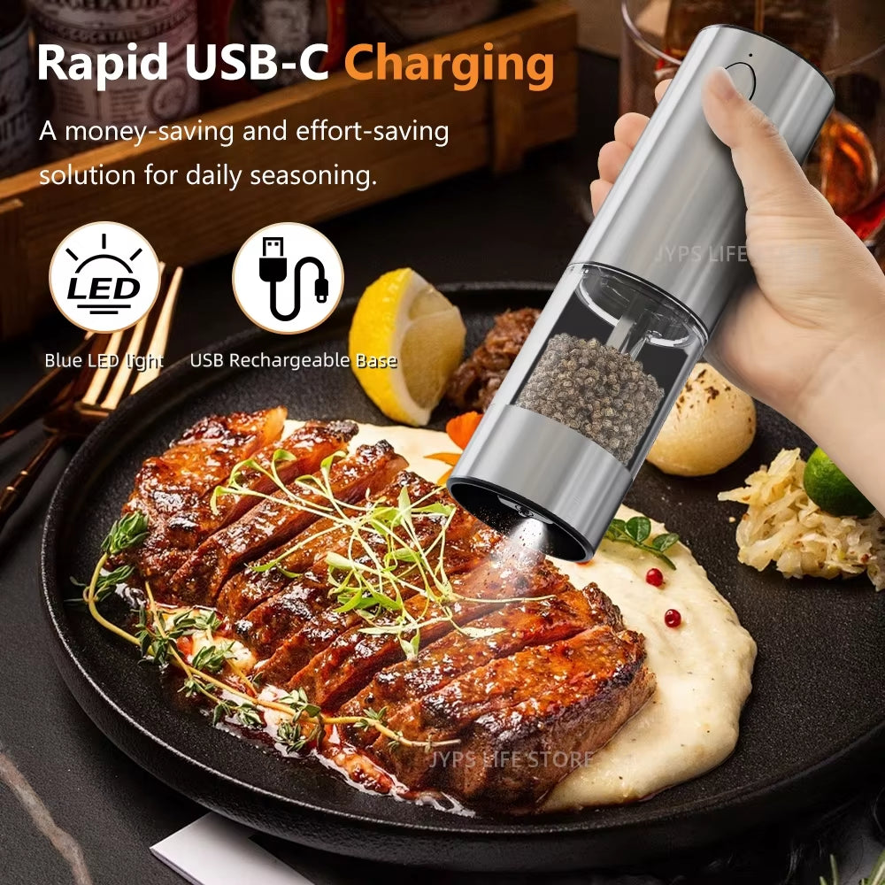 Stainless Steel Electric Pepper Grinder - USB Rechargeable Adjustable Coarseness Spice Mill for Kitchen Use