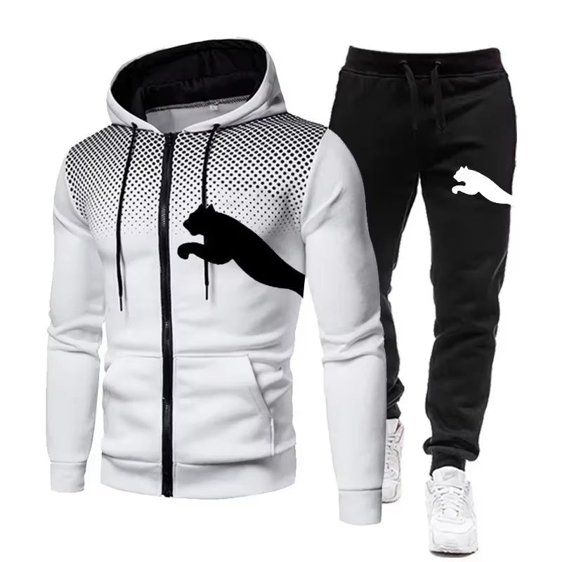 New Two-Piece Set of Zippered Hooded Sweatshirts and Sweatpants for Fashionable Men, Casual Outdoor Sports Men in Autumn