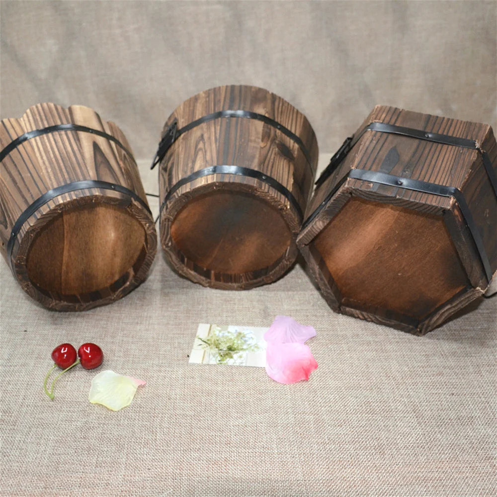 Rustic Wooden Barrel Flower Pots - High-Quality Indoor/Outdoor Planter Urns in Brown, Easy to Move