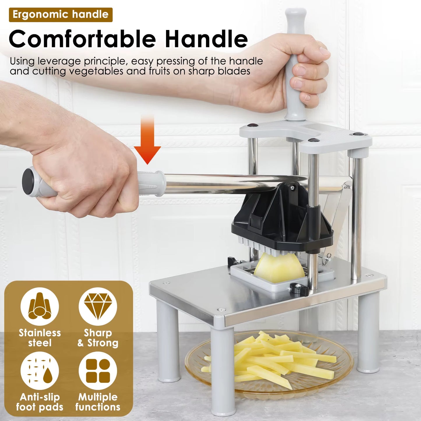 Commercial Stainless Steel French Fry Cutter and Vegetable Chopper with Manual Operation and 4 Replacement Blades