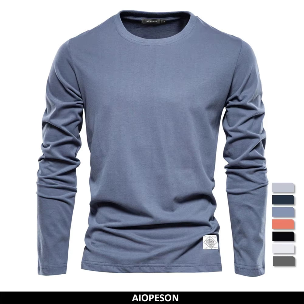 Men's 100% Cotton Long Sleeve T-Shirt - Solid Casual Spring Collection, High-Quality Classic Tops