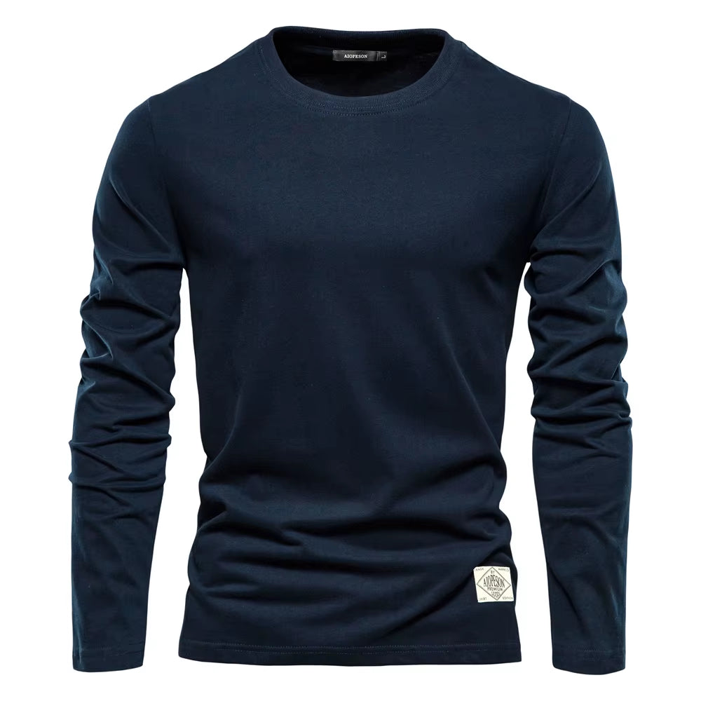 Men's 100% Cotton Long Sleeve T-Shirt - Solid Casual Spring Collection, High-Quality Classic Tops