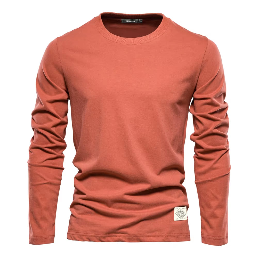 Men's 100% Cotton Long Sleeve T-Shirt - Solid Casual Spring Collection, High-Quality Classic Tops