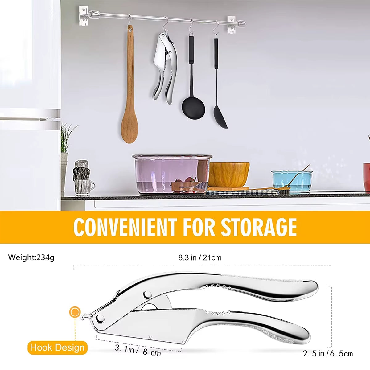 Stainless Steel 2-in-1 Garlic Press and Slicer - Dual Function Handheld Mincer Tool for Kitchen Use