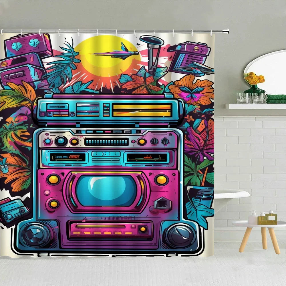 80S Vintage Radio Bathroom Curtains for the Home Shower Shower Curtain Waterproof Folding Partition Accessories Bath Bedrooms