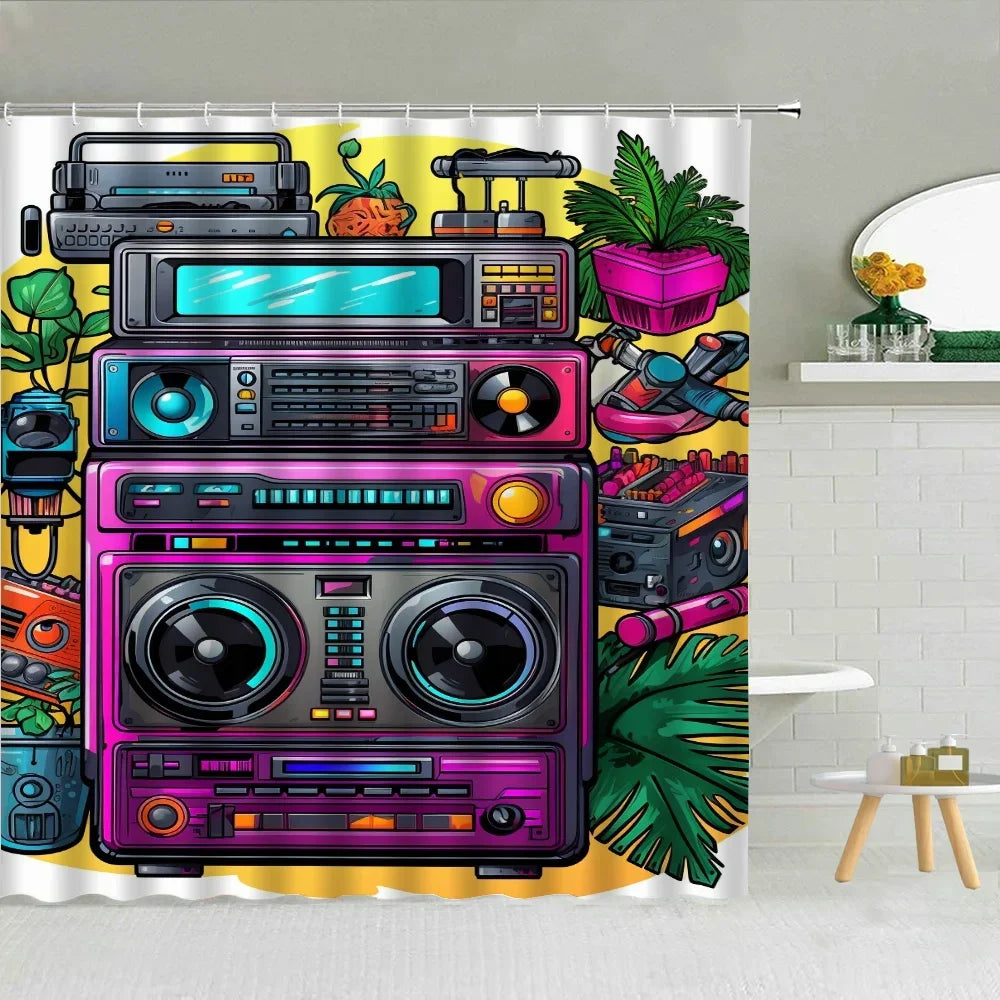 80S Vintage Radio Bathroom Curtains for the Home Shower Shower Curtain Waterproof Folding Partition Accessories Bath Bedrooms