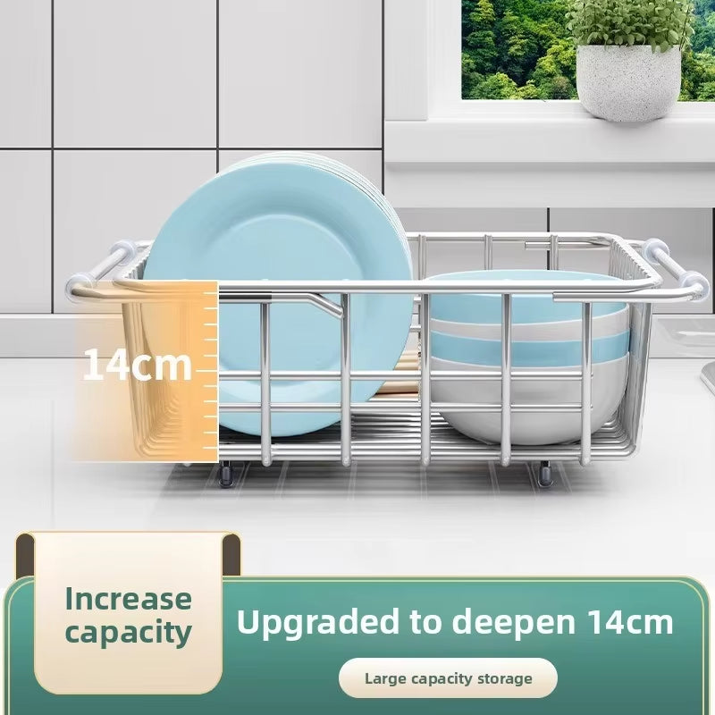 Telescopic Stainless Steel Sink Drain Basket and Dishwashing Rack for Kitchen Utensils and Dishes Storage
