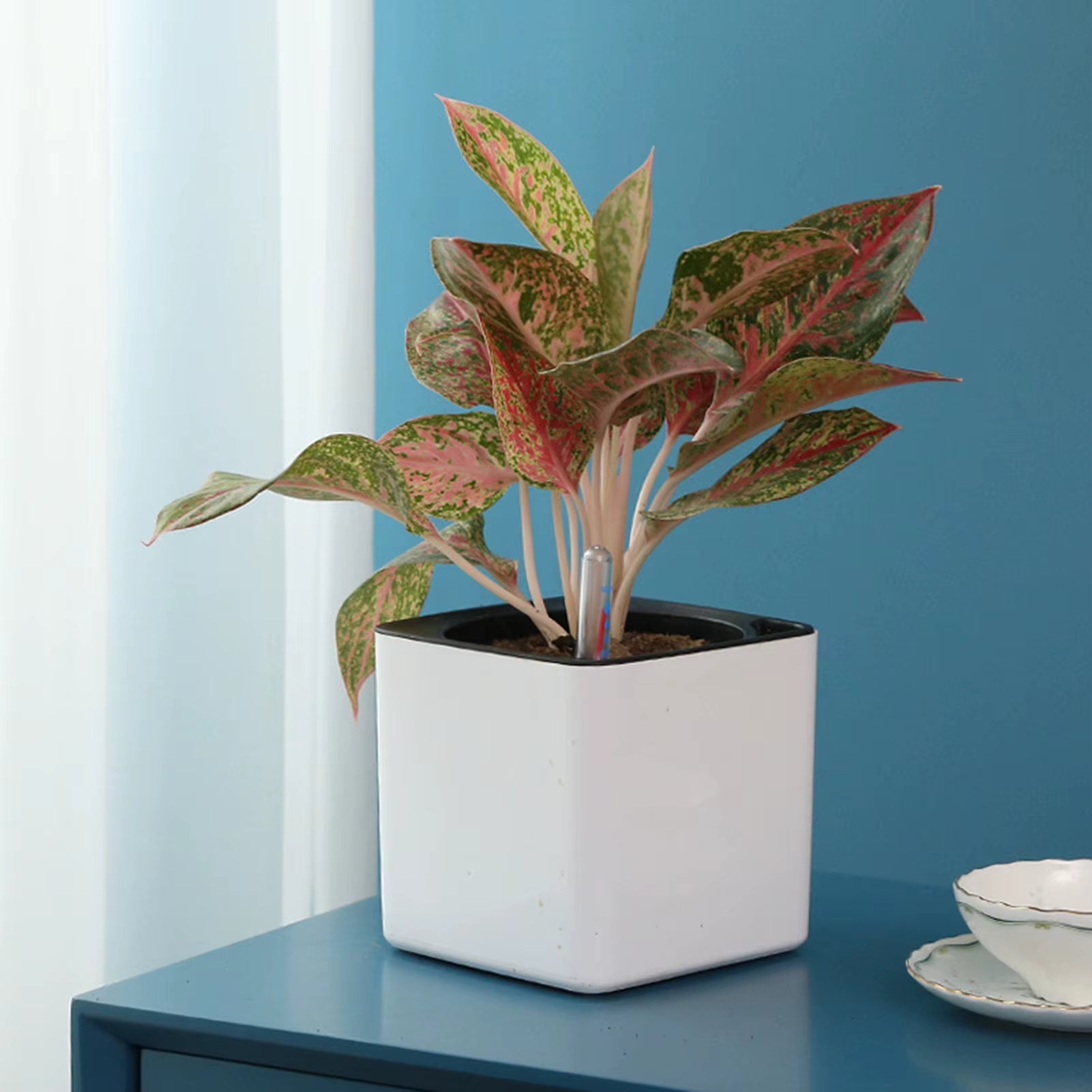 Self-Watering White Flower Pot with Water Level Indicator - Modern Decorative Planter