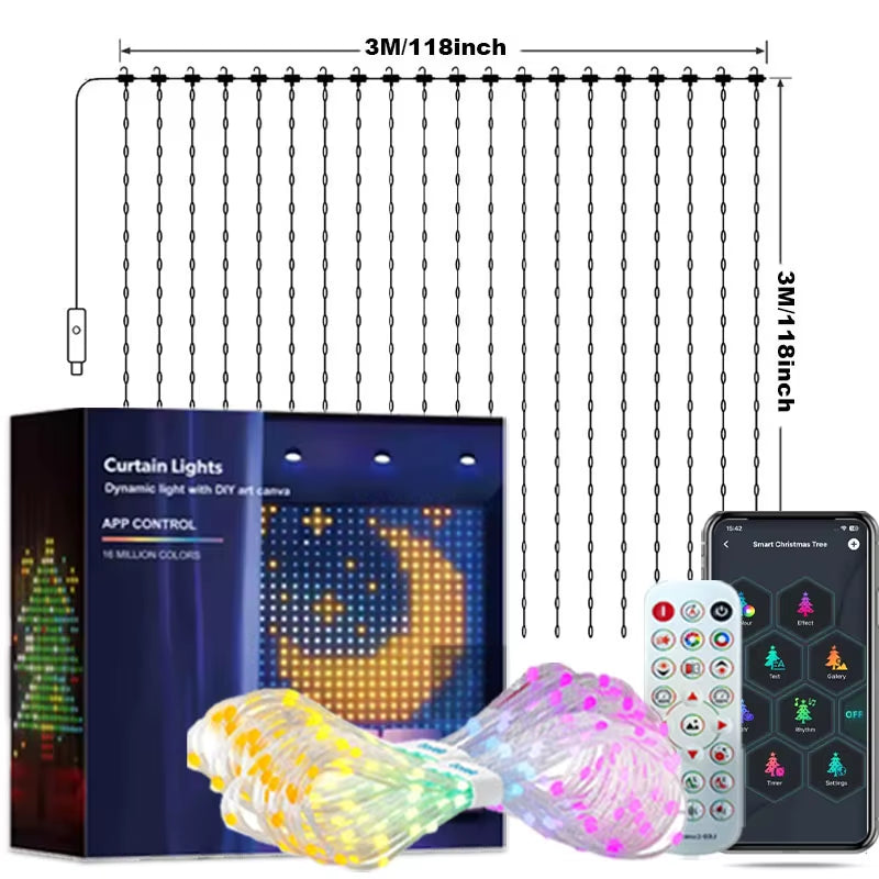 Smart LED Curtain Lights with 400 RGB+IC Color Changing LEDs, 6.6 x 6.6 Feet Indoor Dynamic DIY Pattern String Lights