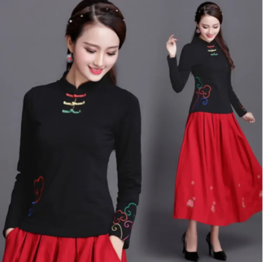 Ethnic Style Streetwear Fashion Casual Women Clothing Shirts for Women Vintage Clothes Tshirt Y2K Top Women Clothes Embroidery