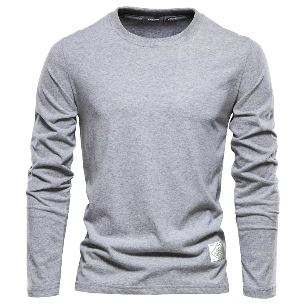 Men's 100% Cotton Long Sleeve T-Shirt - Solid Casual Spring Collection, High-Quality Classic Tops