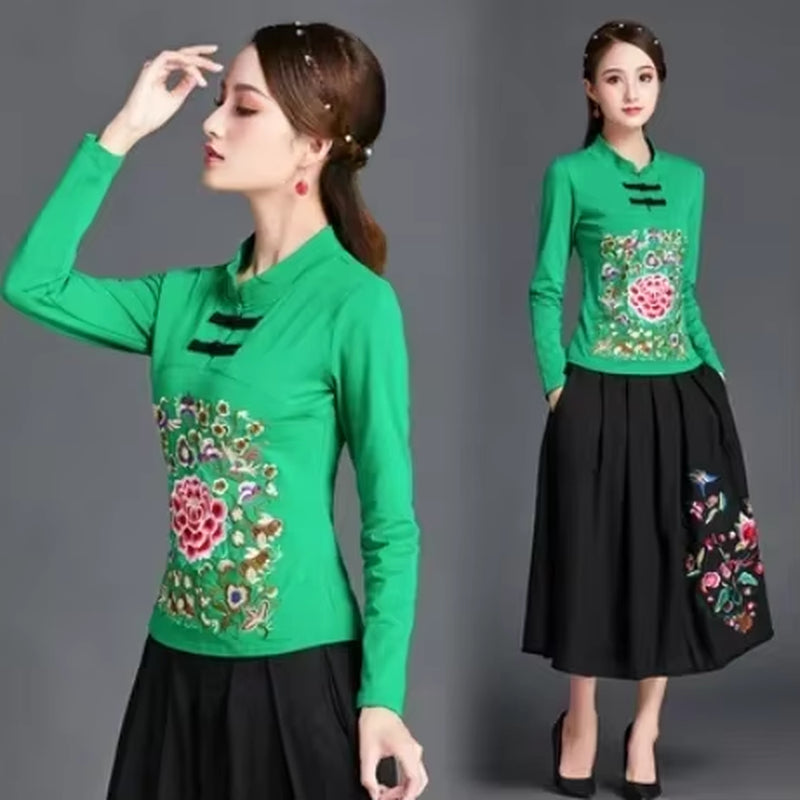 Ethnic Style Streetwear Fashion Casual Women Clothing Shirts for Women Vintage Clothes Tshirt Y2K Top Women Clothes Embroidery