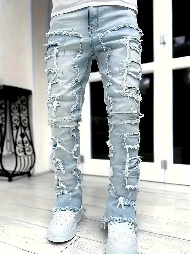 Y2K-Inspired Hip-Hop Fringed Jeans for Men - Casual Stretch Streetwear