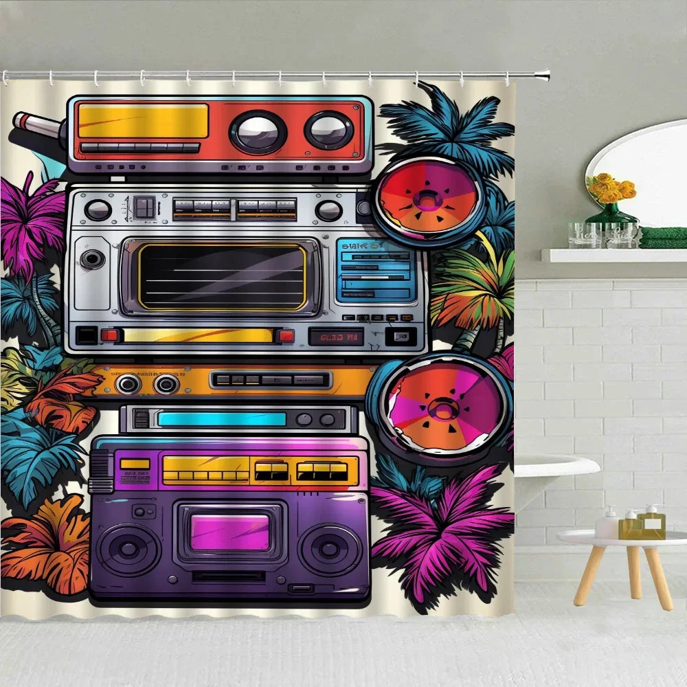 80S Vintage Radio Bathroom Curtains for the Home Shower Shower Curtain Waterproof Folding Partition Accessories Bath Bedrooms