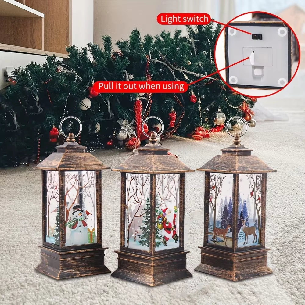 Set of 3 Christmas Lantern Candlestick Nightlights featuring Old Man and Snowman Designs for Table Decoration