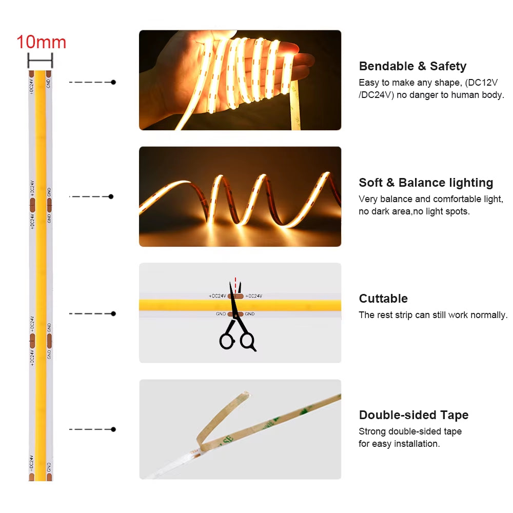 Linear Dimmable COB LED Strip Light - 24V/12V, 10mm, 528 LEDs, Flexible Tape for Room Decoration, Available in 3000K, 4000K, and 6500K Lighting Options, RA90