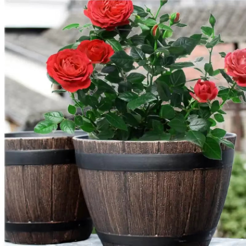 Vintage Farmhouse-Style 9-Inch Resin Barrel Planter for Home and Outdoor Use