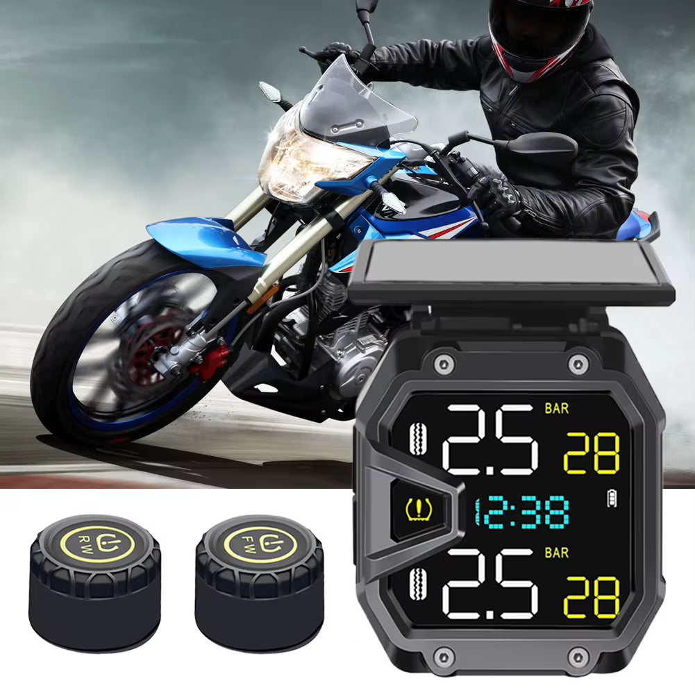 Motorcycle Tire Pressure Monitoring System with USB Port and Solar Power for Outdoor Cycling Accessories