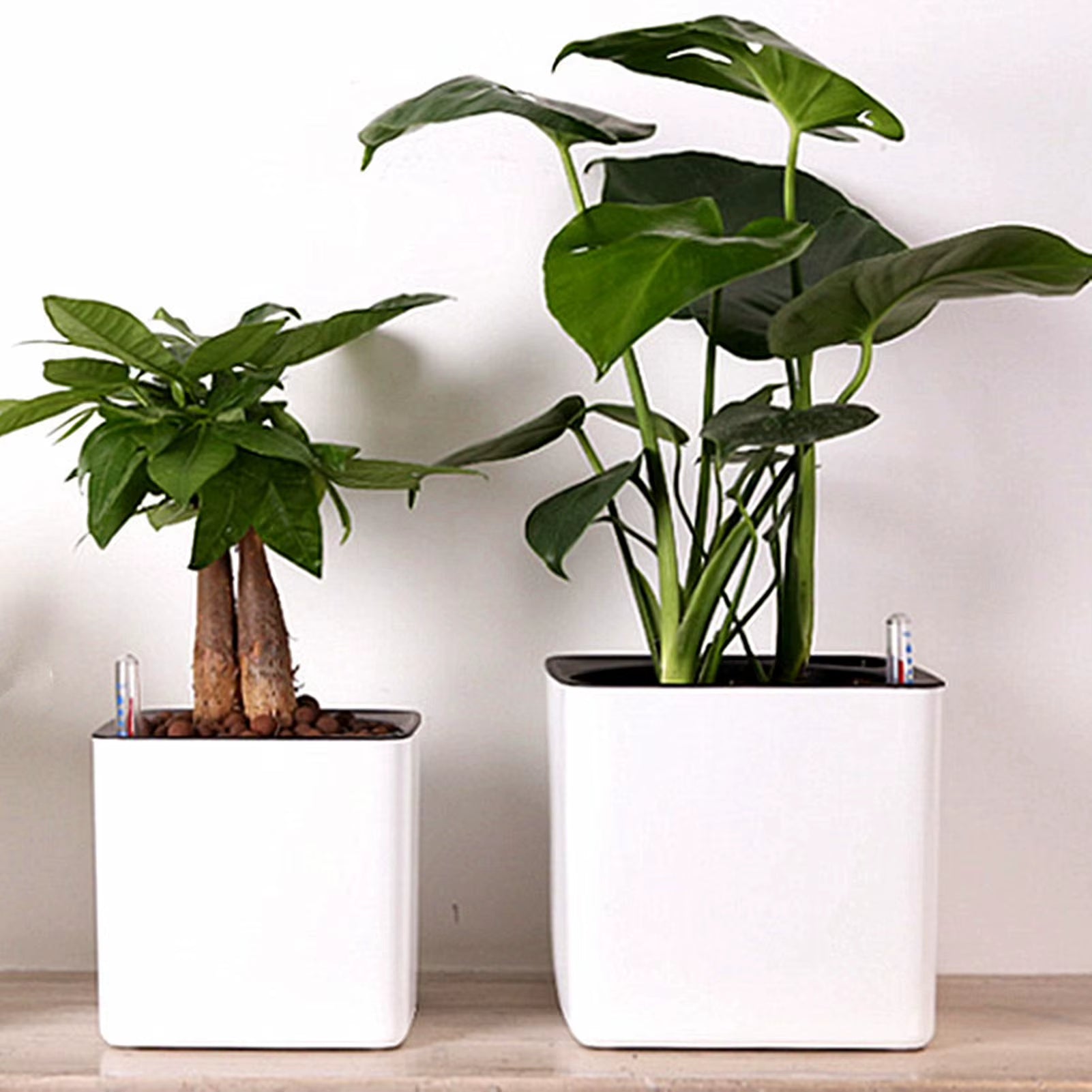 Self-Watering White Flower Pot with Water Level Indicator - Modern Decorative Planter