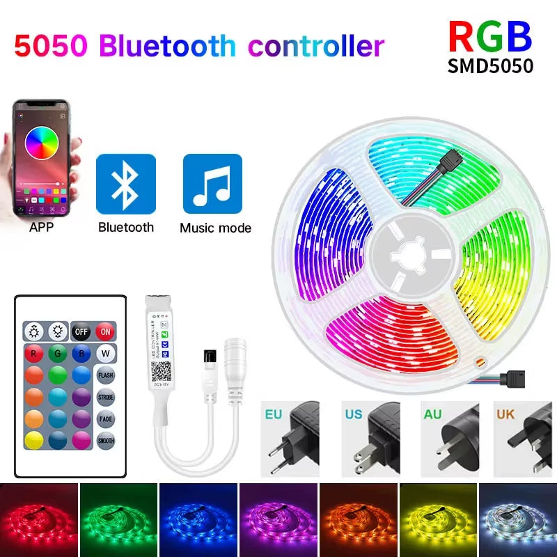 5050 RGB LED Strip Light - 30 LEDs/M, 5M Length, Bluetooth Controller, Power Adapter, Available in 15M, 20M, and 30M Options for Home Decor