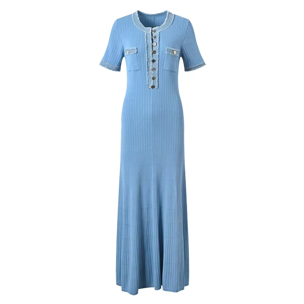 Elegant Contrasting Women Knit Maxi Dress Chic O-Neck Short Sleeve Metal Buttons Bodycon Dresses Office Lady Commuting Robe