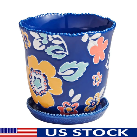 Vintage Floral Ceramic Planter with Drainage Holes - 6 Inch Round Indoor/Outdoor Rustic Home Decor Flower Pot by Magic Meadows