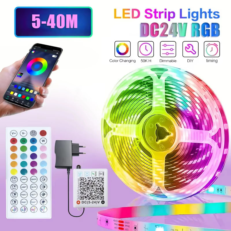 EU Plug DC24V RGB LED Strip Light - Flexible 10M, 30M, and 40M Options with APP Control for Ambient Room Lighting