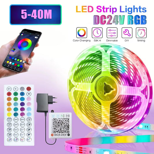 EU Plug DC24V RGB LED Strip Light - Flexible 10M, 30M, and 40M Options with APP Control for Ambient Room Lighting
