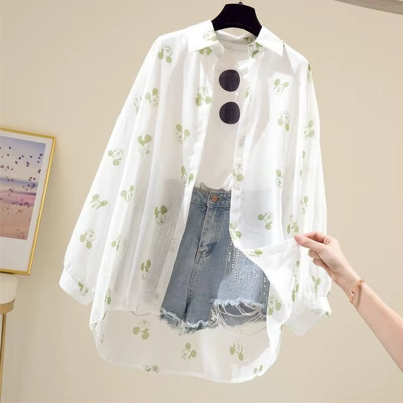 Mickey Mouse Blouse Ladies Long Sleeve Women Shirt Beach Shirts Kawaii Cartoon Summer Disney Clothes Cover-Up Top Casual