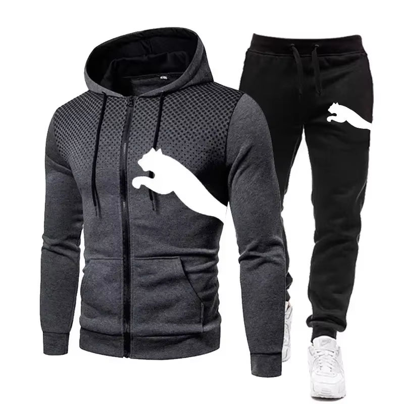 New Two-Piece Set of Zippered Hooded Sweatshirts and Sweatpants for Fashionable Men, Casual Outdoor Sports Men in Autumn