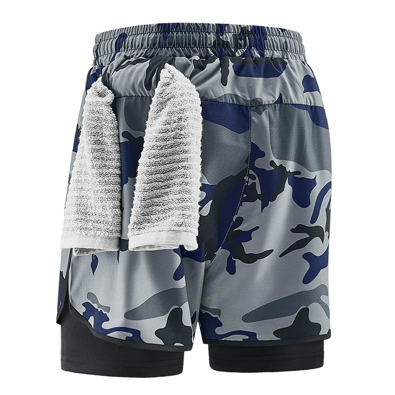Men'S 2 in 1 Gym Shorts Camouflage Fitness Training Shorts with Phone Pocket Towel Loop Quick Dry Running Wear Workout Shorts