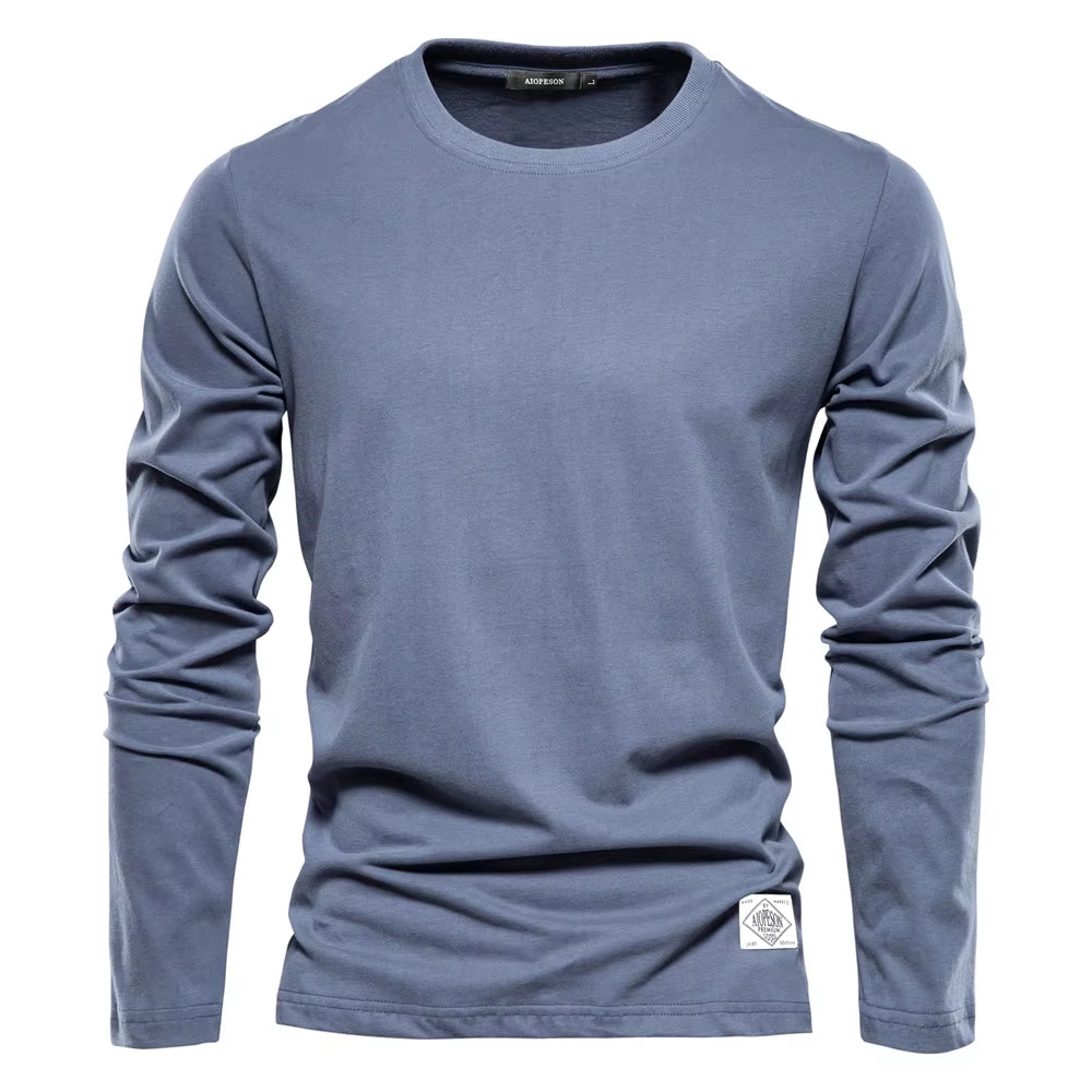 Men's 100% Cotton Long Sleeve T-Shirt - Solid Casual Spring Collection, High-Quality Classic Tops