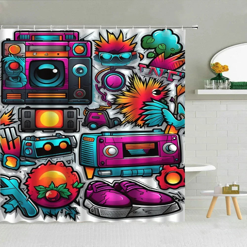 80S Vintage Radio Bathroom Curtains for the Home Shower Shower Curtain Waterproof Folding Partition Accessories Bath Bedrooms