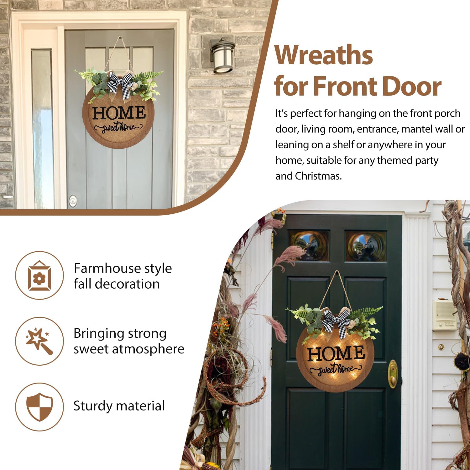 Rustic Wooden Welcome Sign for Front Door - Farmhouse Style Door Wreath and Seasonal Home Decoration (F-Brown)