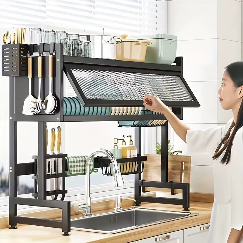 Multifunctional Black Metal Kitchen Storage Rack with Cabinet Door Access