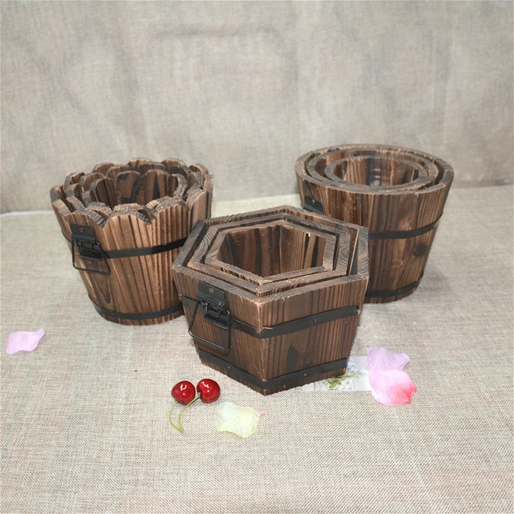 Rustic Wooden Barrel Flower Pots - High-Quality Indoor/Outdoor Planter Urns in Brown, Easy to Move