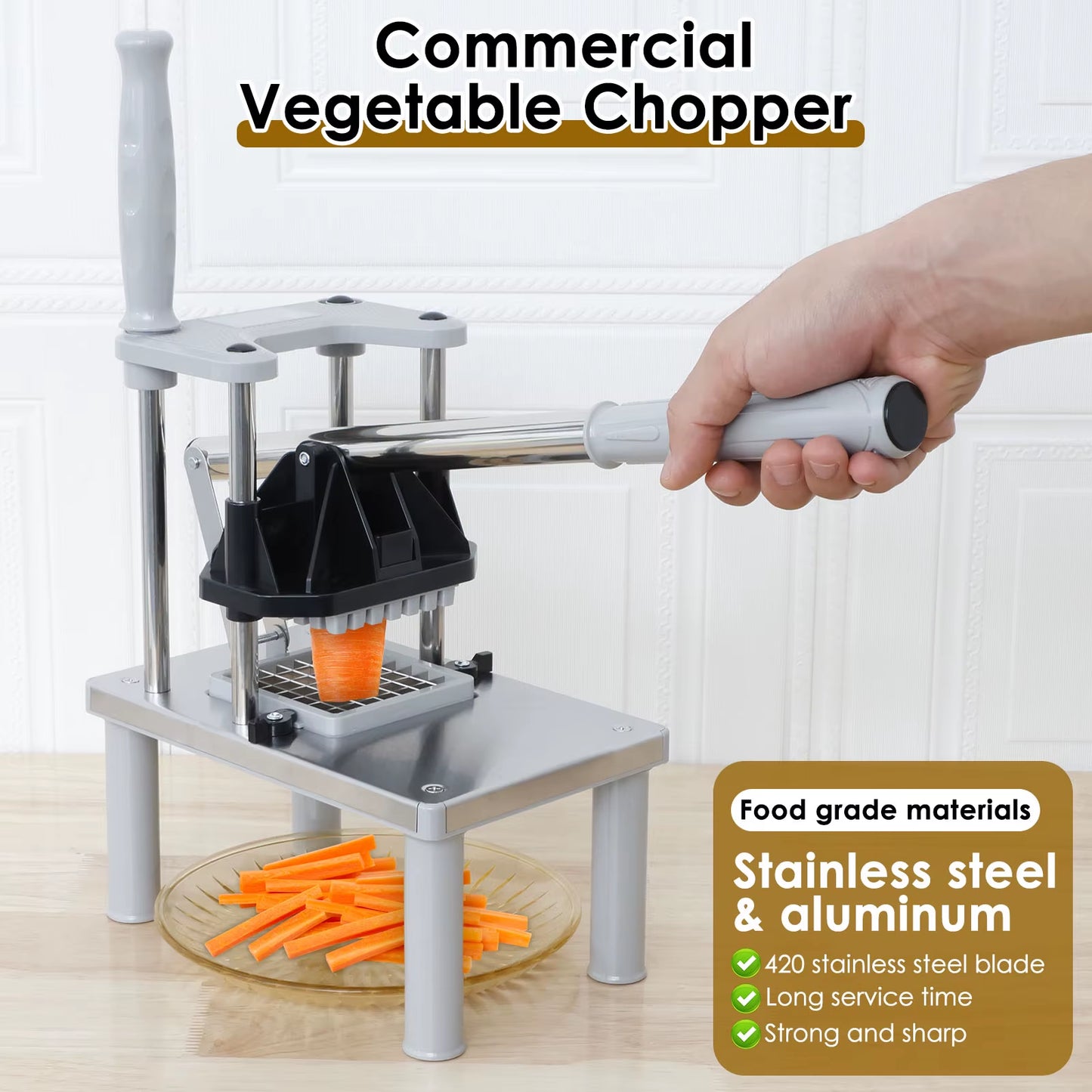 Commercial Stainless Steel French Fry Cutter and Vegetable Chopper with Manual Operation and 4 Replacement Blades