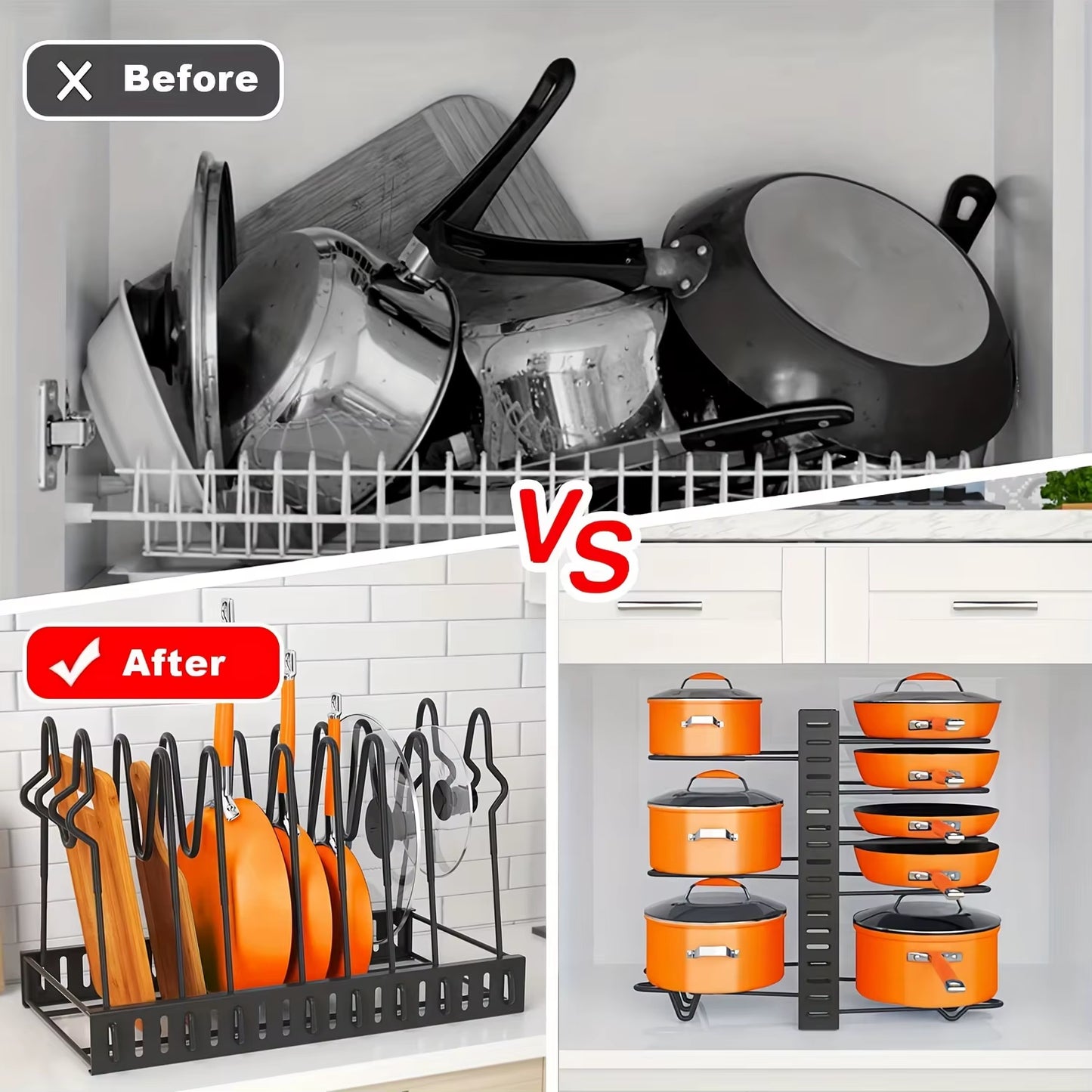 8-Tier Duty Pot Rack Organizer Durable Metal,Space-Saving Cabinet Holder for Pots,Pans and Lids-Keep Your Kitchen Neat and Tidy