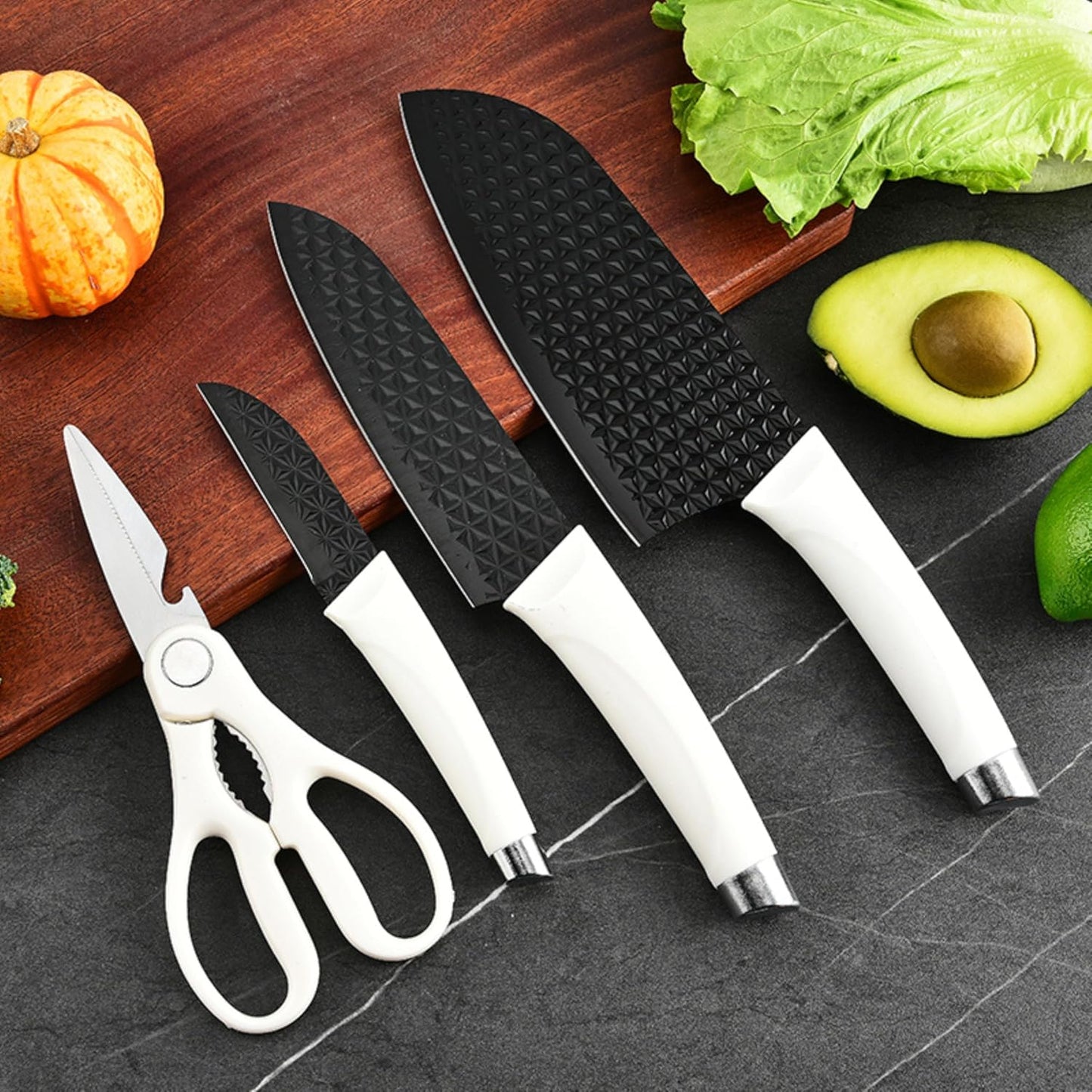 5PCS Knife Set with Universal Block, Sharp Knife Set with Scissors for Heavy-Duty Chopping, RV Apartments New Home Essentials, Non-Stick Coated Blade, Dishwasher Safe