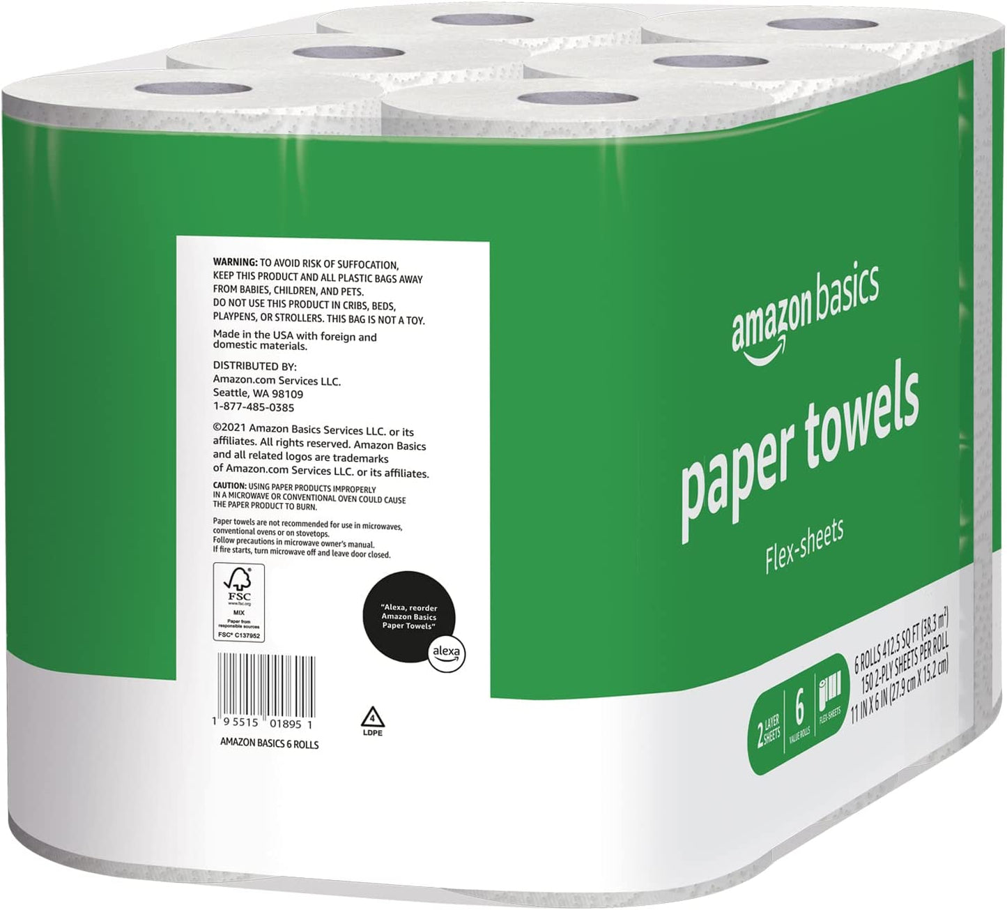 2-Ply Flex-Sheets Paper Towels, 12 Basics Rolls = 32 Regular Rolls, Everyday Value with 150 Sheets per Roll