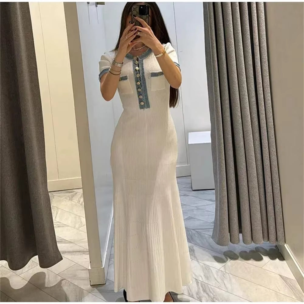 Elegant Contrasting Women Knit Maxi Dress Chic O-Neck Short Sleeve Metal Buttons Bodycon Dresses Office Lady Commuting Robe