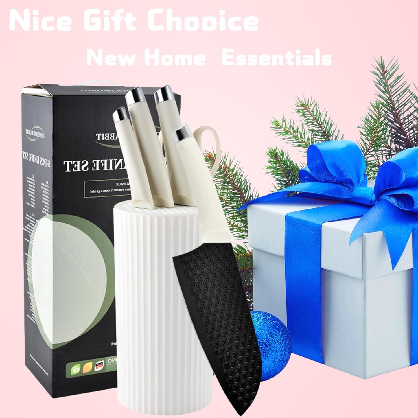 5PCS Knife Set with Universal Block, Sharp Knife Set with Scissors for Heavy-Duty Chopping, RV Apartments New Home Essentials, Non-Stick Coated Blade, Dishwasher Safe