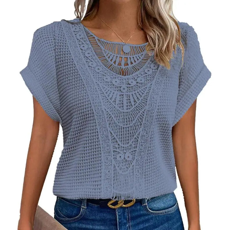 Fashion Lace Stitching T-Shirt for Women'S Tops Summer Casual round Neck Office Ladies Clothes Short-Sleeved Loose Tees Women