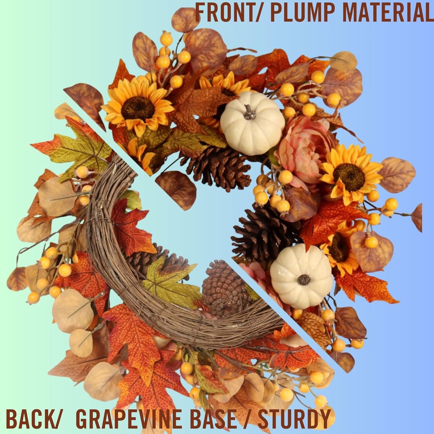 22-Inch Artificial Autumn Wreath with Sunflowers, Peonies, Pumpkins, and Eucalyptus for Thanksgiving and Harvest Celebrations