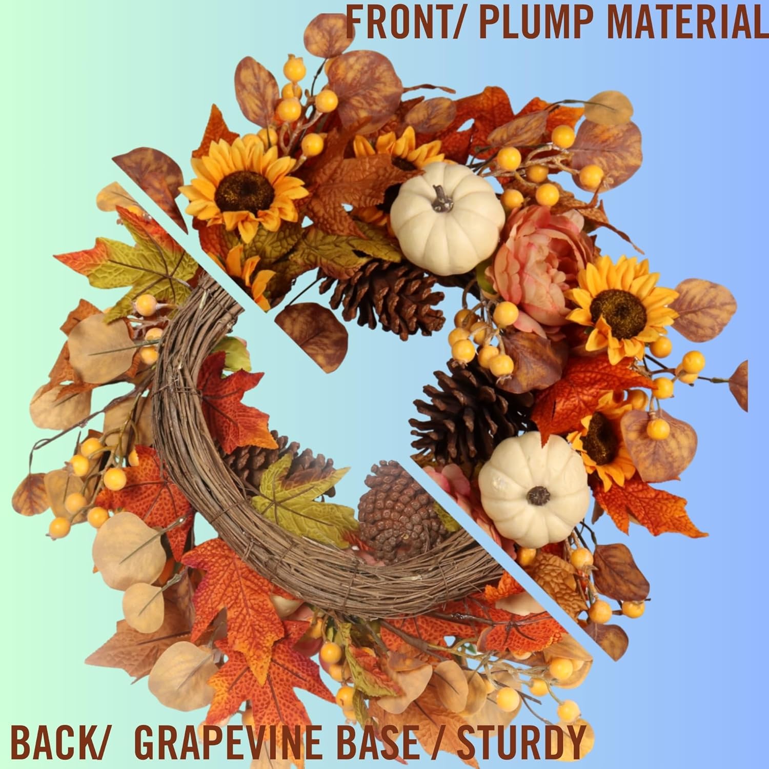 22-Inch Artificial Autumn Wreath with Sunflowers, Peonies, Pumpkins, and Eucalyptus for Thanksgiving and Harvest Celebrations