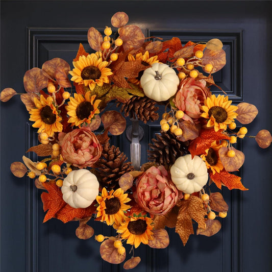 22-Inch Artificial Autumn Wreath with Sunflowers, Peonies, Pumpkins, and Eucalyptus for Thanksgiving and Harvest Celebrations