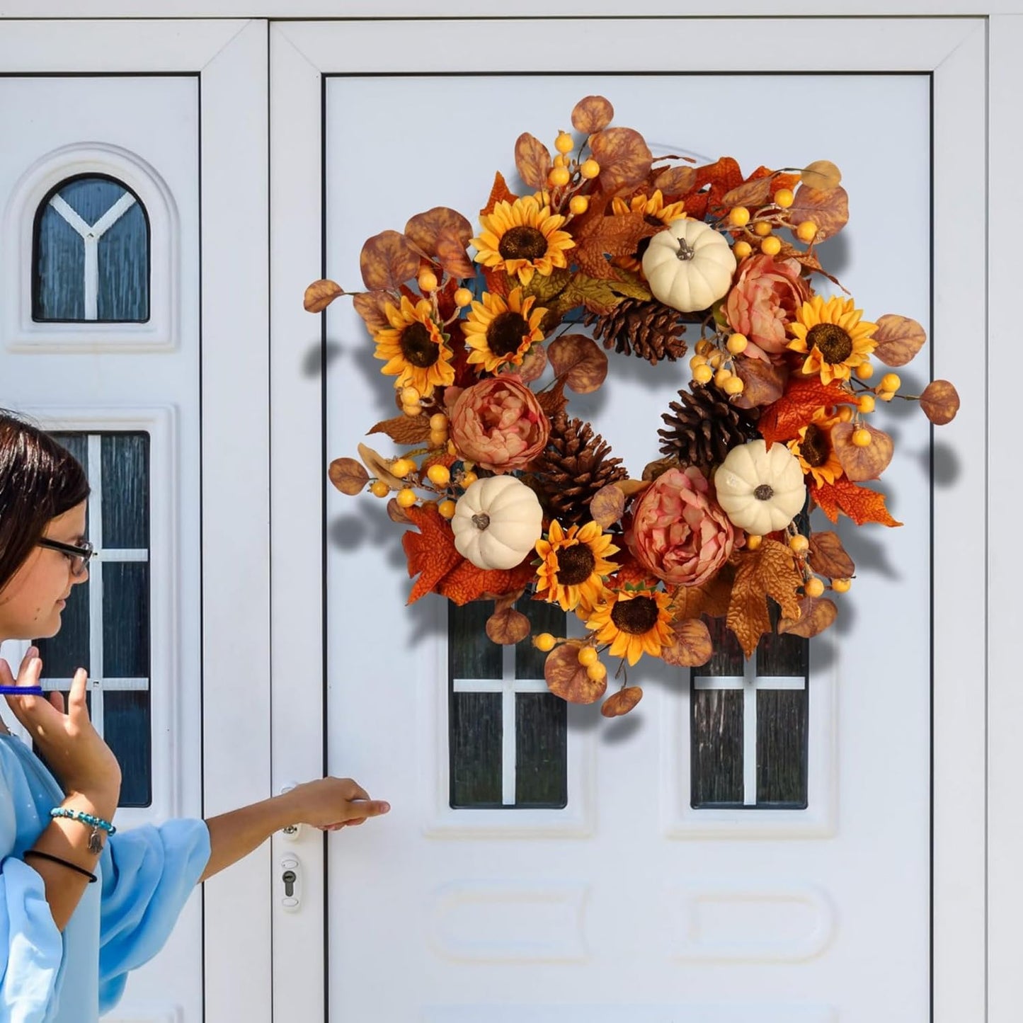 22-Inch Artificial Autumn Wreath with Sunflowers, Peonies, Pumpkins, and Eucalyptus for Thanksgiving and Harvest Celebrations