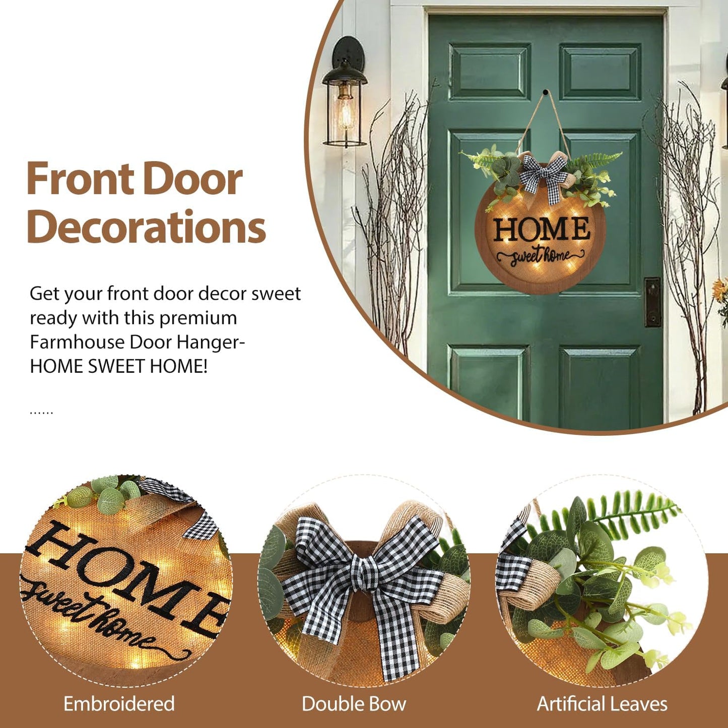 Rustic Wooden Welcome Sign for Front Door - Farmhouse Style Door Wreath and Seasonal Home Decoration (F-Brown)