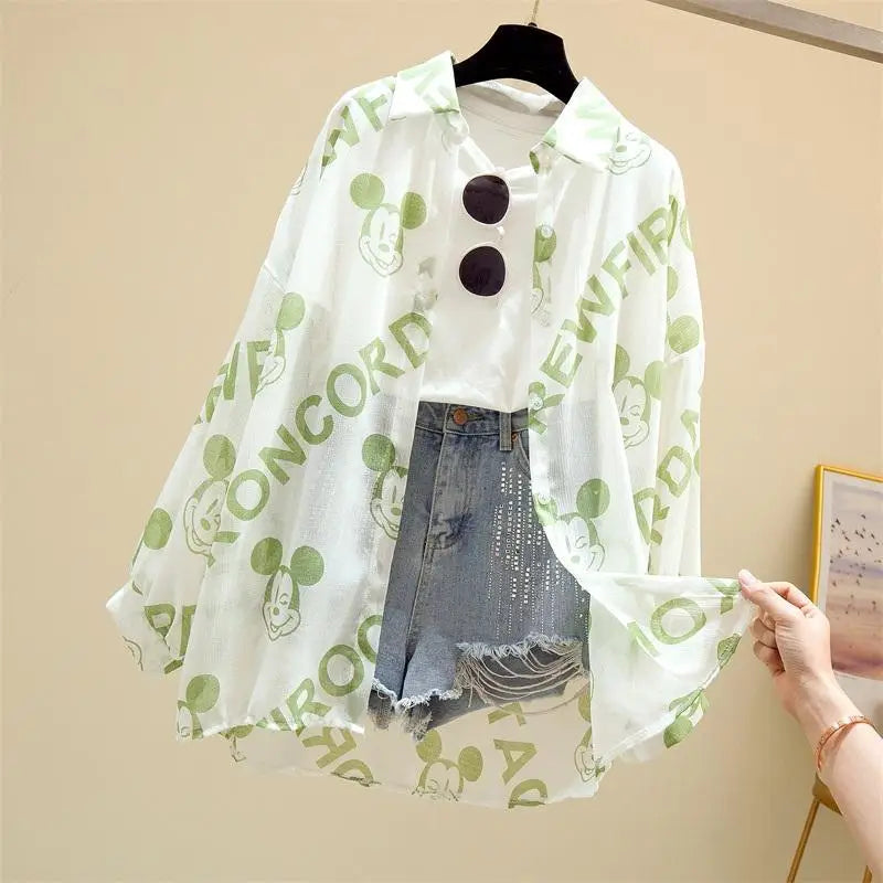 Mickey Mouse Blouse Ladies Long Sleeve Women Shirt Beach Shirts Kawaii Cartoon Summer Disney Clothes Cover-Up Top Casual